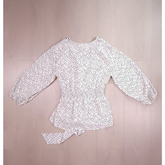 Max Studio Polka Dot Peplum Blouse Women’s S – Tie Waist, Balloon Sleeves - Picture 11 of 12